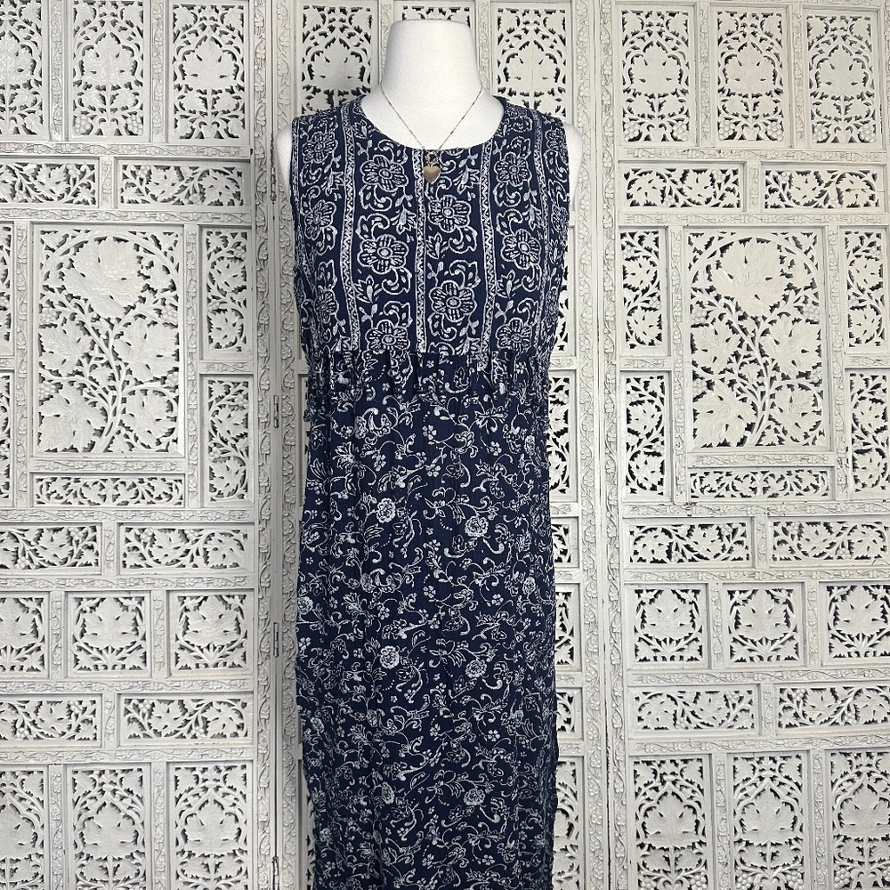 Vintage Boho Blue And White Fringe Beaded‎ Sleeveless Midi Dress Sz Medium